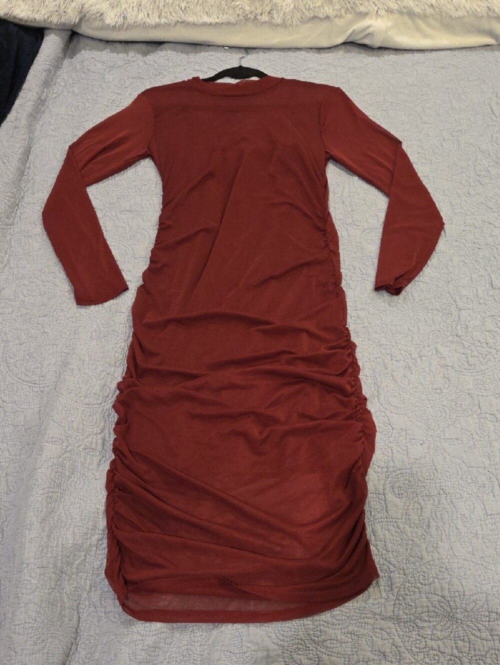 Derek Heart Burgundy Long Sleeve Sheer Ruched Midi Dress Size L, New W/tag! - Picture 3 of 10